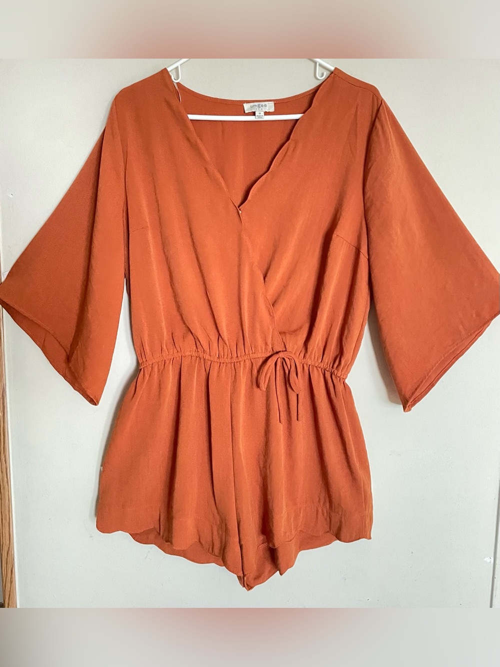 Umgee Orange Faux Wrap Scalloped Hem Romper